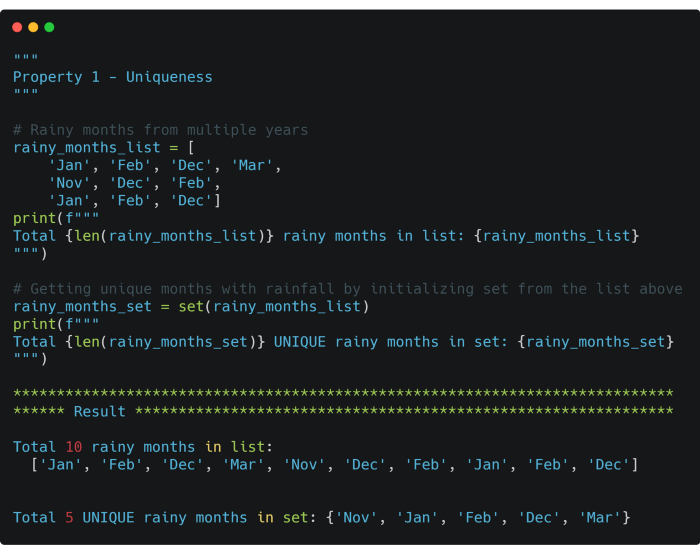 Python code to demonstrate uniqueness of elements in set