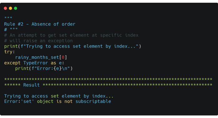 Python code — set does not support indexing