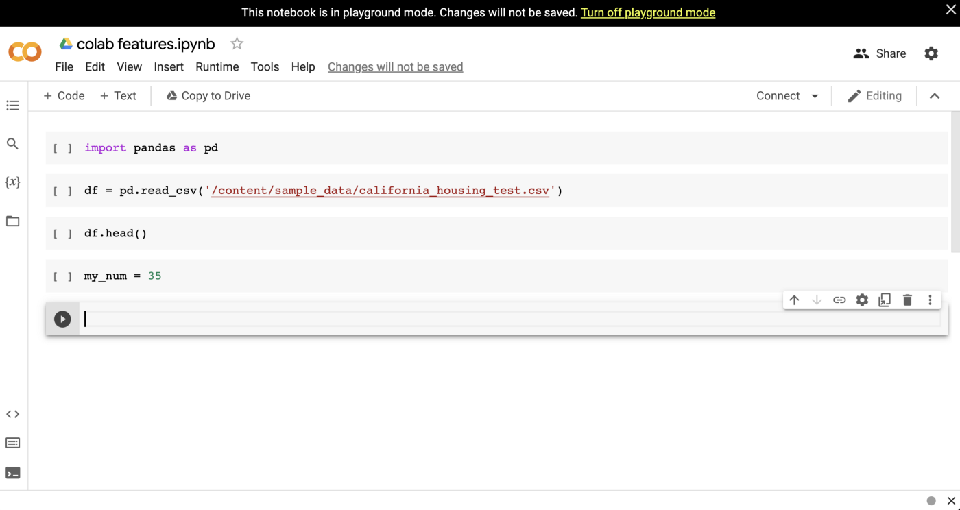Google Colab notebook in Playground Mode, indicating that code changes won't be saved. Ideal for experimentation and learning Python.