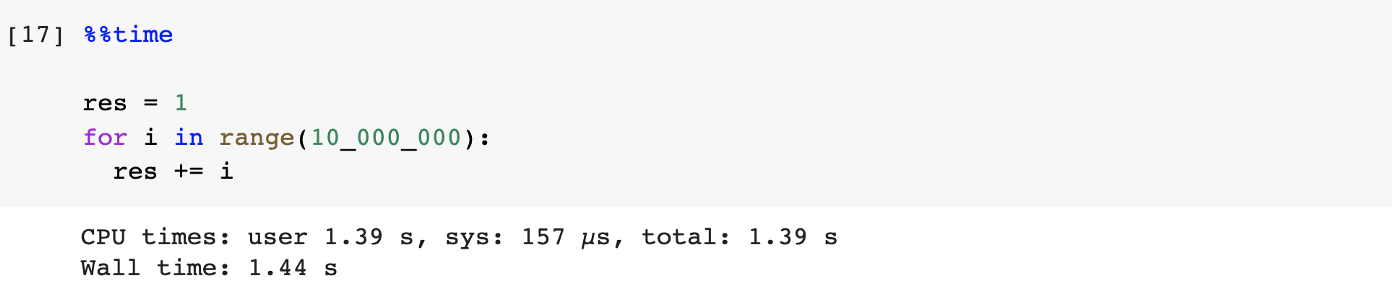 Google Colab code snippet demonstrating a simple loop to calculate the sum of numbers from 1 to 10 million, showcasing its efficiency and ease of use for data science and development tasks.