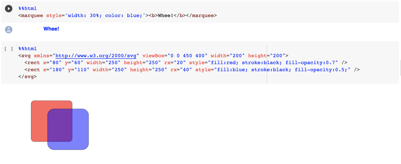 Google Colab code snippet demonstrating HTML code for creating a spinning wheel animation with a blue marquee and overlapping rectangular shapes in red and blue.