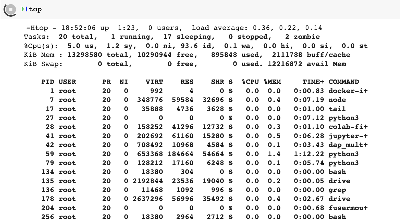 Google Colab terminal output displaying system resource usage, including CPU, memory, and process information, relevant for AI training and development tasks.