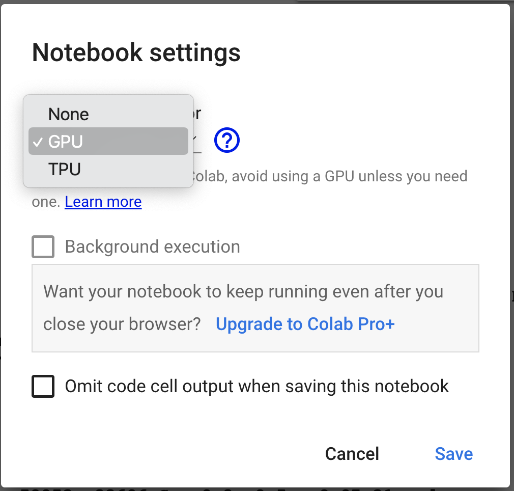 Google Colab notebook settings dialog, allowing users to select hardware accelerator (GPU or TPU) for efficient AI model training, enable background execution, and choose whether to omit code cell output when saving.