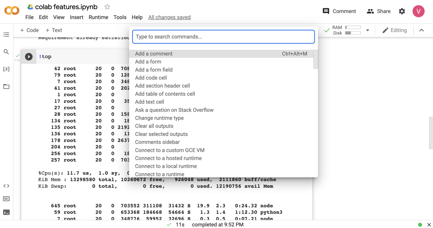 Google Colab notebook interface showing various options for creating and editing code cells, adding comments and sections, and managing runtime settings, essential tools for AI project proof-of-concept development.