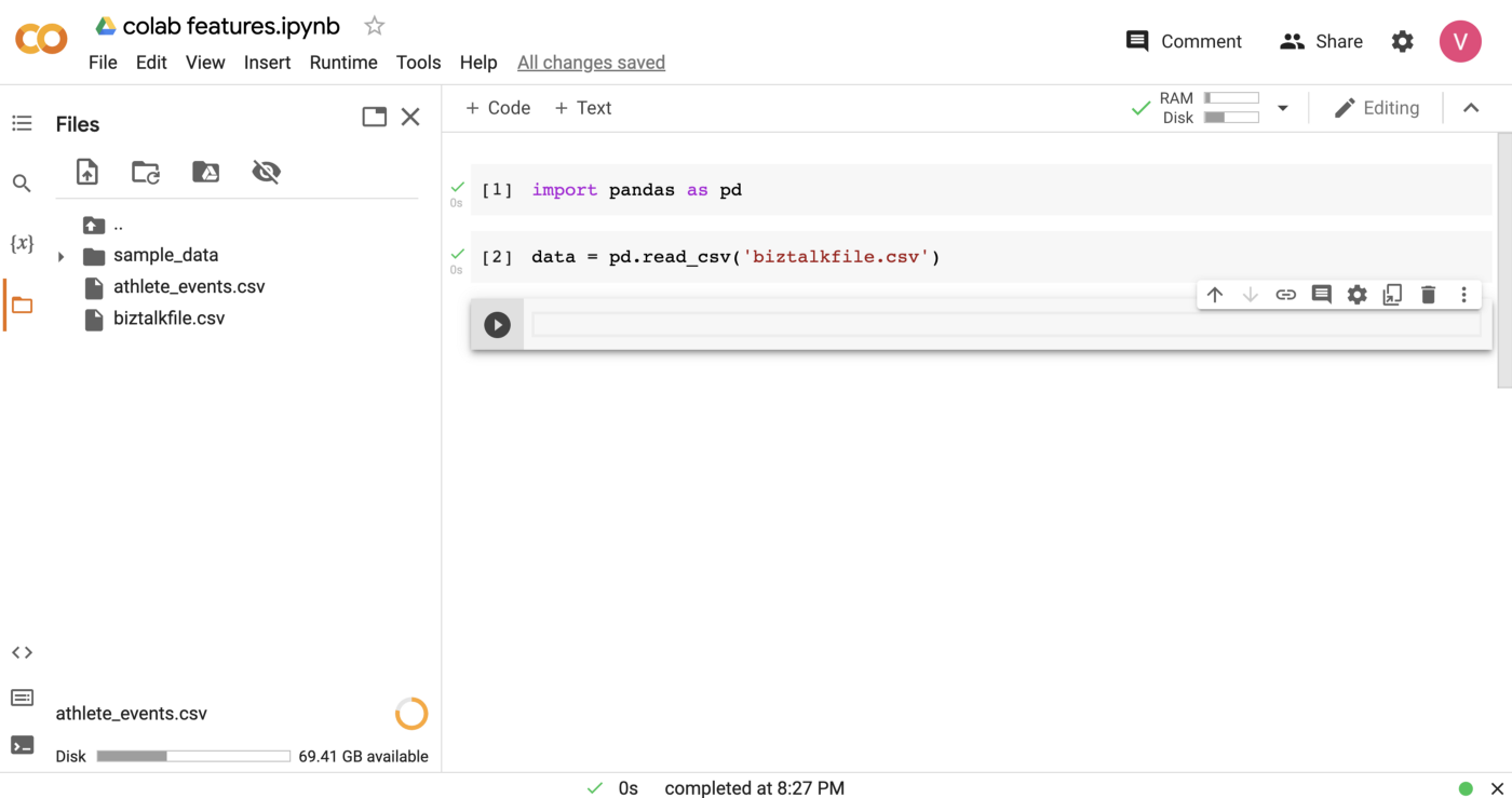 Google Colab notebook with Python code to import the Pandas library and read the 'biztalkfile.csv' file. A common task in data analysis and data science projects.