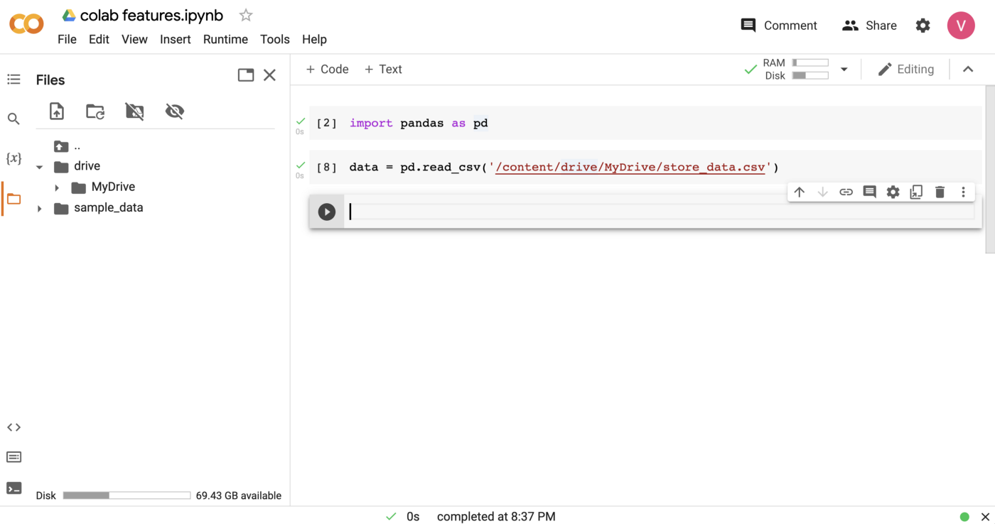 Google Colab notebook with Python code to import the Pandas library and read the 'store_data.csv' file from Google Drive. A common task in data analysis and data science projects.