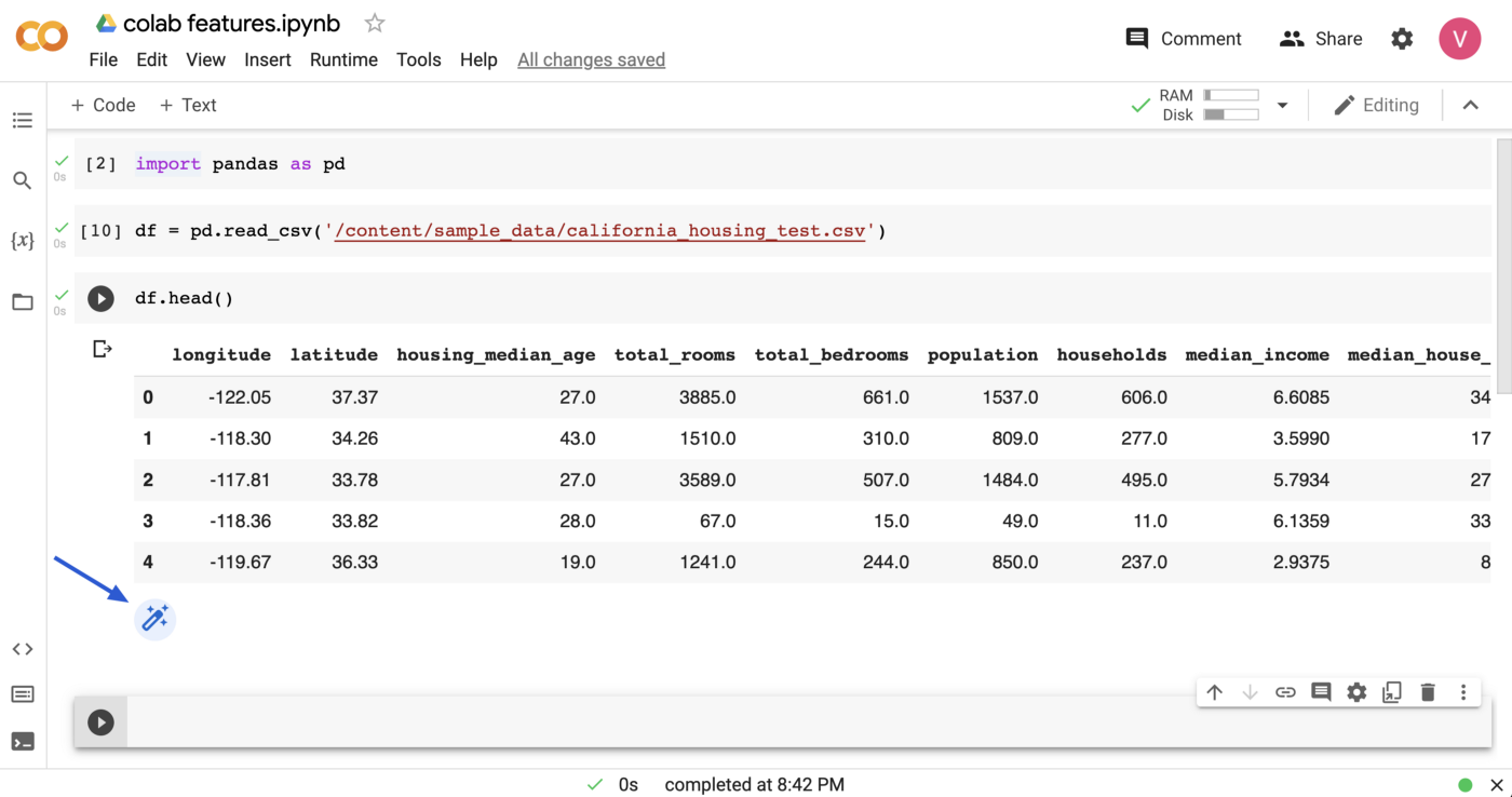 Google Colab notebook with Python code to load the 'california_housing_test.csv' dataset using Pandas and display the first few rows. A common task in data exploration and analysis.