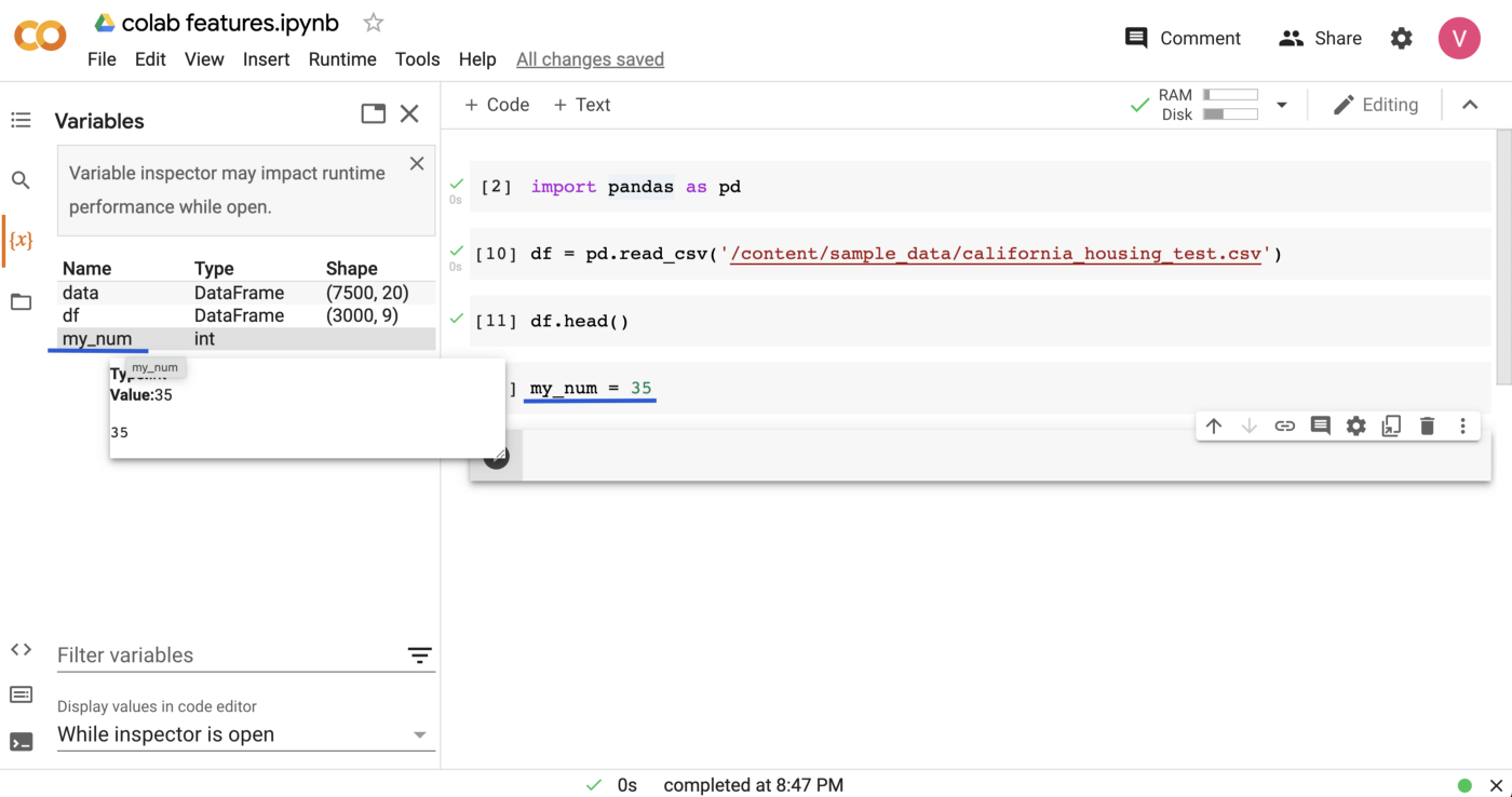 Google Colab code editor demonstrating Pandas data analysis in Python. Level up your AI and data science skills with EduLabs training.