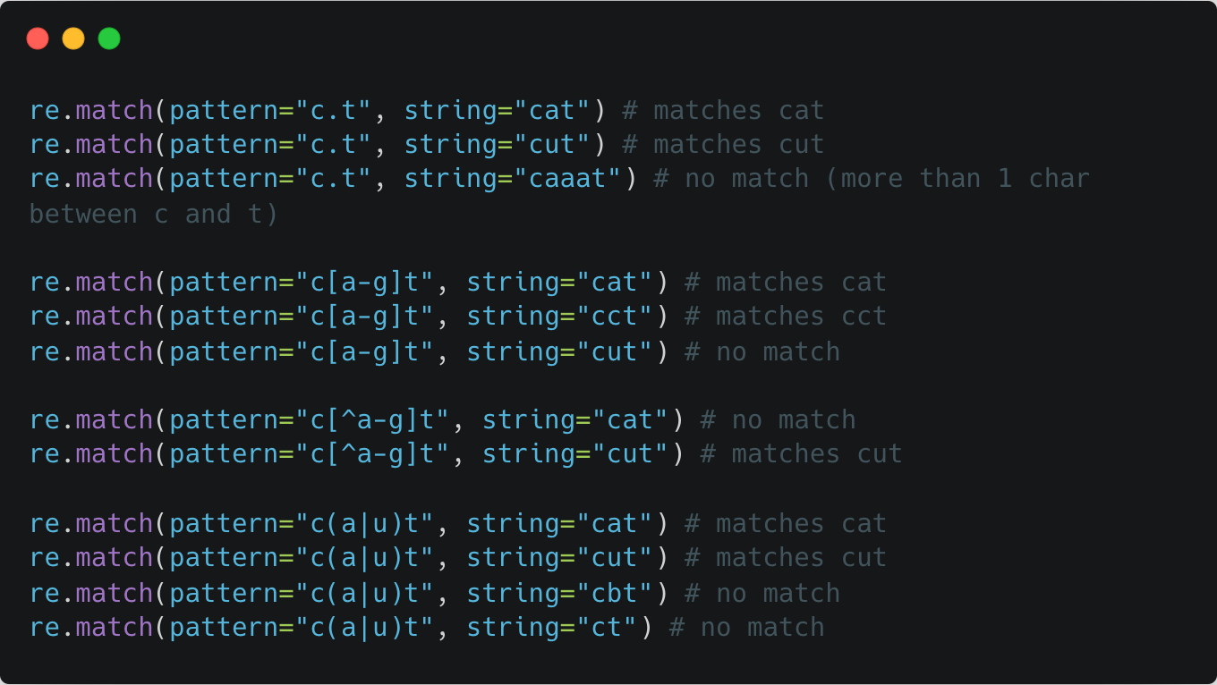 Python code snippet demonstrating regular expression matching using the re.match() function, with examples of matching various character patterns within strings, including single characters, character ranges, and character groups.