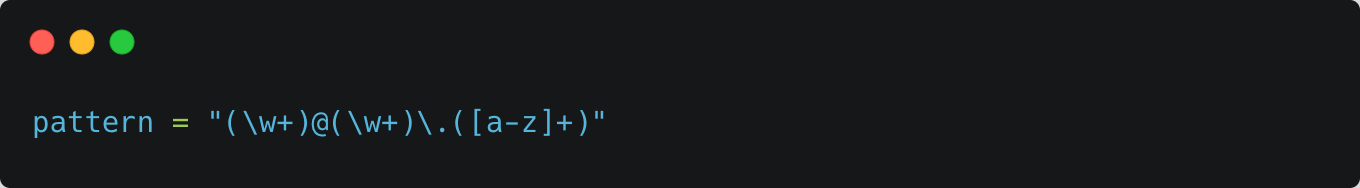 Python code snippet defining a regular expression pattern to match email addresses, using the regex syntax, a common task in Python development.